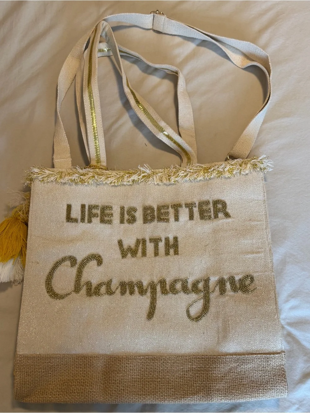 Cream Tote Bag with Gold Script 'Life Is Better With Champagne'